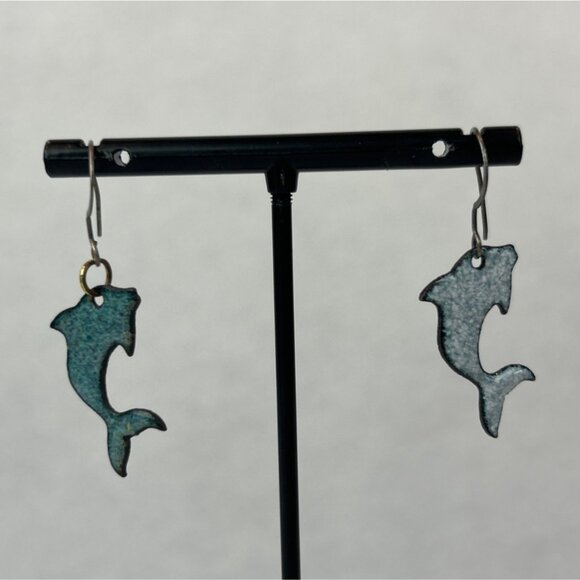 Dolphin Dangle Earrings Lightweight Enamel Metal Ocean Nautical - Picture 1 of 6